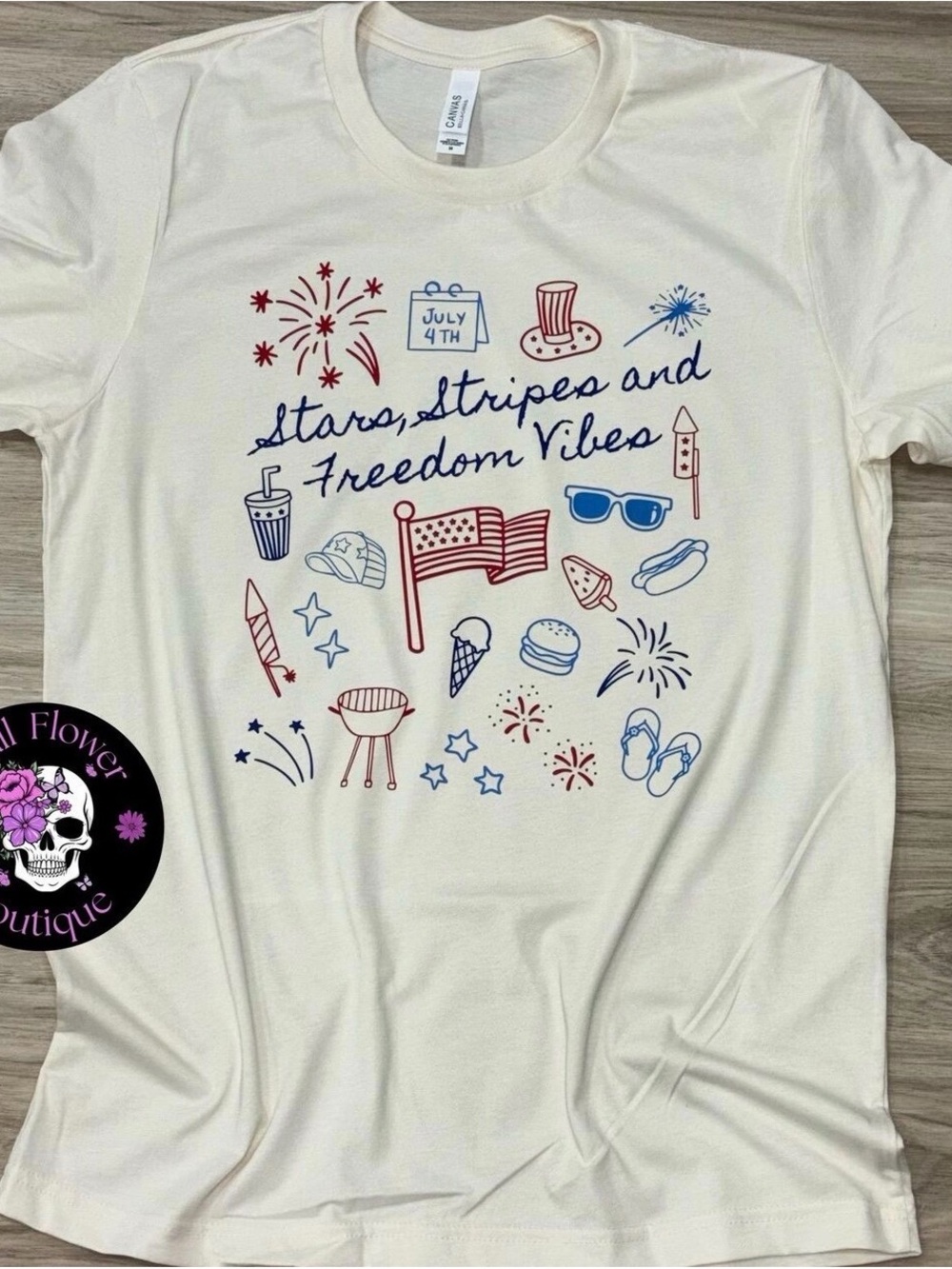 Bella Canvas Cream Tee with Red & Blue Patriotic Icons